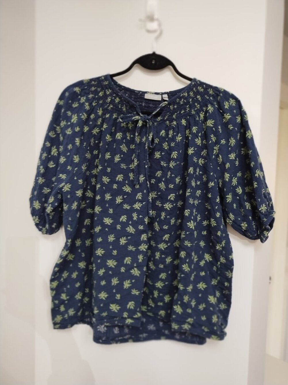 100% cotton peasant style pullover blouse with short sleeves